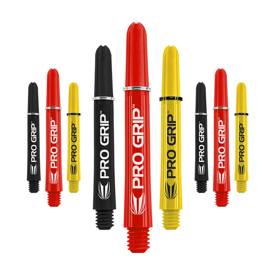 Das Bild zeigt neun Dart-Schäfte in den Farben Schwarz, Rot und Gelb. Auf jedem Schaft steht der Schriftzug "PRO GRIP".