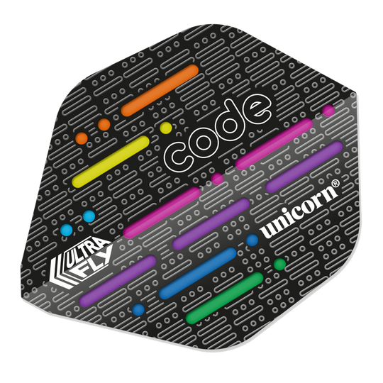 68959_p1 Das Bild zeigt ein Dart-Flight mit dem Namen „Unicorn Ultrafly 75 AR Type 1 Code DNA“. Das Design ist schwarz mit bunten Linien und den weißen Aufschriften „code“, „unicorn“ und „Ultra FLY“.