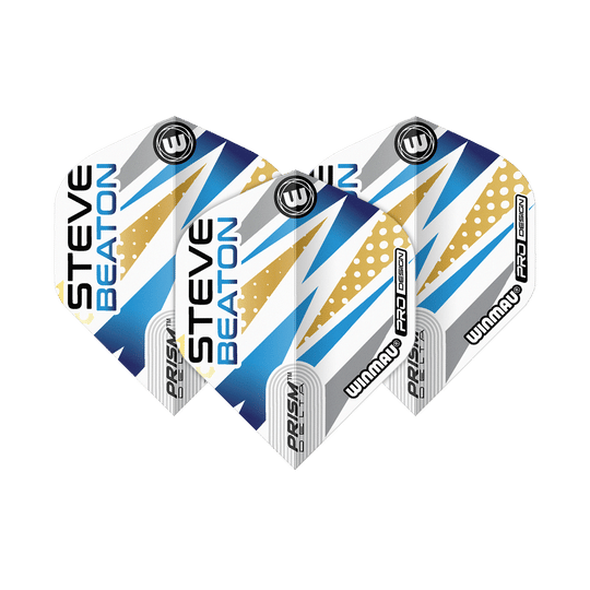 Das Bild zeigt drei Dart-Flights mit dem Design „Winmau Prism Delta Steve Beaton No2 Standard“. Die Flights sind in Weiß, Blau, Gold und Grau gehalten und tragen den Namen „Steve Beaton“.