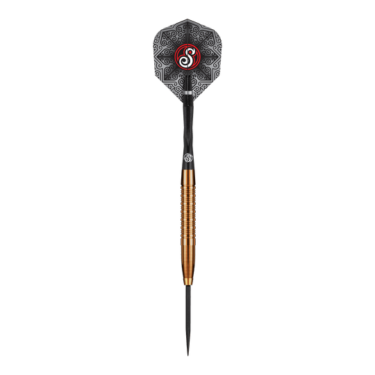 Das Bild zeigt den Shot Pro Series Jake Womack Steeldart mit einem Gewicht von 23 Gramm. Der Dart hat ein auffälliges schwarzes Flight-Design und einen goldfarbenen, gerillten Barrel.