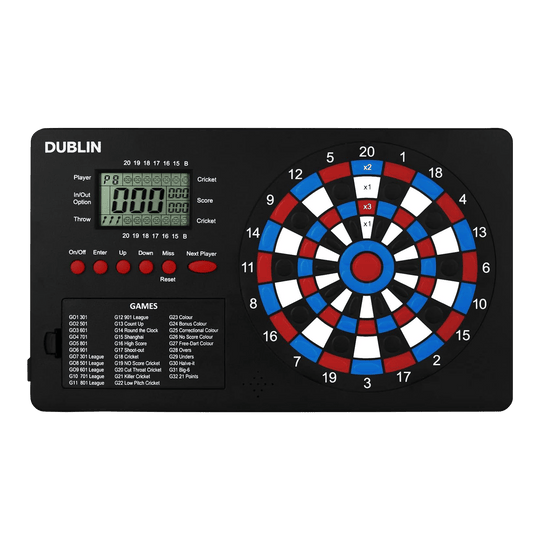 XQMax Dublin Dartteller Das Bild zeigt den "XQMax Dublin Dart Counter", ein elektronisches Dartspiel mit eingebautem Punktezähler. Links befindet sich ein digitales Display und Tasten zur Spielsteuerung, rechts das bunte Dartboard mit verschiedenen Zahlenfeldern.