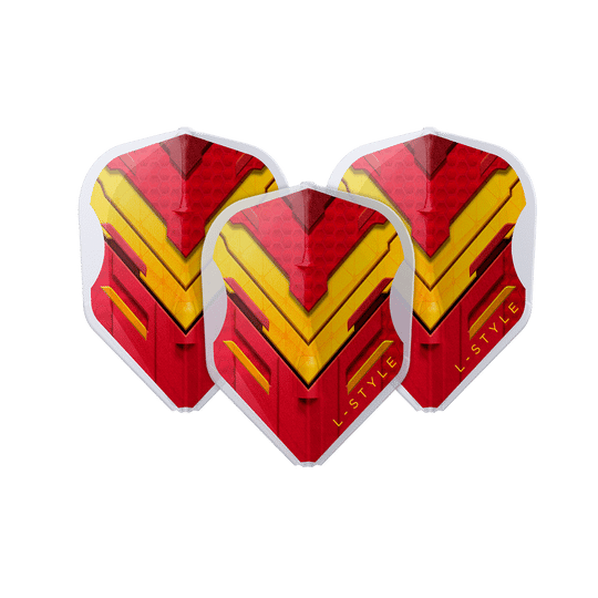 Das Bild zeigt drei Dart-Flights mit einem auffälligen roten und gelben Muster. Auf den Flights steht in gelber Schrift "L-STYLE".