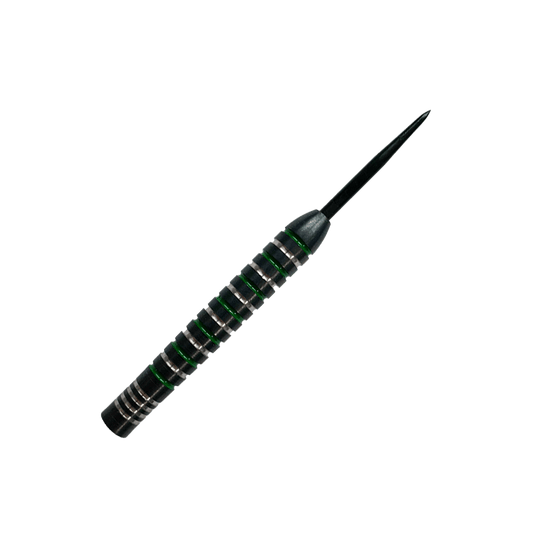 McDart Silver Green Steeldart-vaten Das Bild zeigt einen McDart Silver Green Steeldart Barrel. Der Dart hat silberne und grüne Rillen und eine schwarze Spitze.