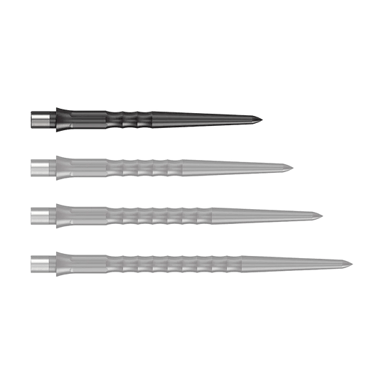 Caliburn System Steeldart Tips - Ripple - NoLip - Zwart Abgebildet ist eine schwarze Steeldartspitze mit Ripple NoLip Design, 28 mm lang. Das Produkt gehört zum Caliburn Evo System.