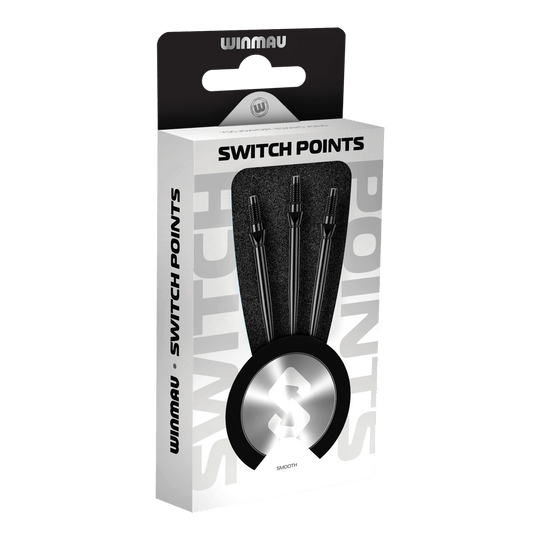 Winmau Switch Point gladde stalen dartpunten - zwart Hier sieht man die Winmau Switch Point Smooth Steeldartspitzen in Schwarz. Die Dartspitzen haben ein glattes Design und sind schwarz gefärbt.