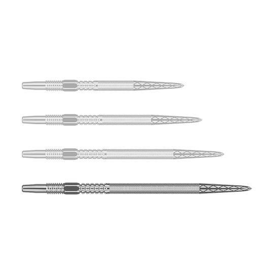Target Swiss Point DX darttips - Zilver Auf dem Bild sind vier silberne Dartspitzen in einer Reihe zu sehen. Die Spitzen haben ein geriffeltes Muster und eine spitz zulaufende Form.
