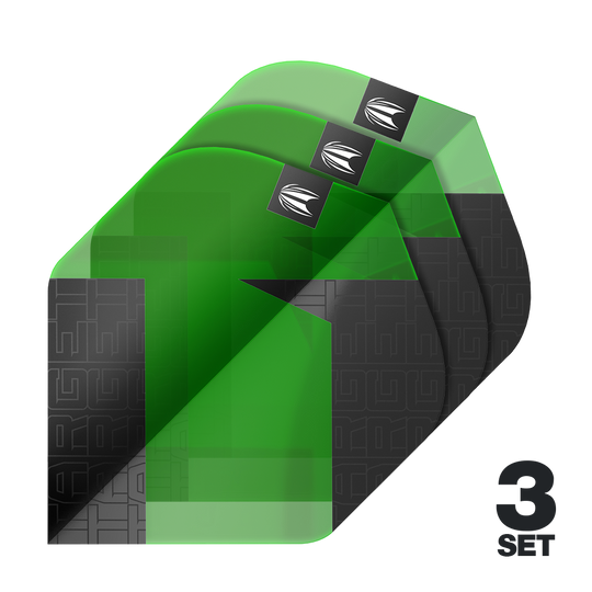 Das Bild zeigt drei grüne Dartflights der Marke Target Pro Ultra TAG Grün No2 Standard. Unten rechts steht "3 Set", was auf drei enthaltene Sets hinweist.