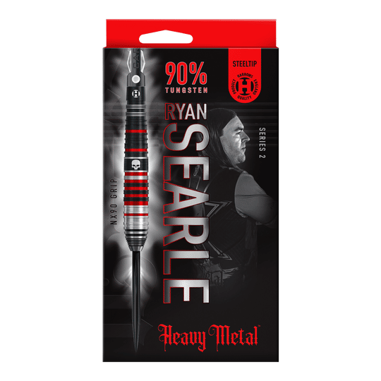 Die Abbildung zeigt die Verpackung der "Harrows Ryan Searle Heavy Metal Series 2 Steeldarts". Auf der Verpackung sind ein Dartpfeil, der Name Ryan Searle und Hinweise wie "90% Tungsten" und "Heavy Metal" zu sehen.