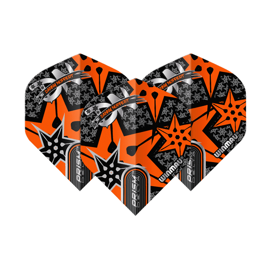 Winmau Prism Delta Danny Noppert Orange Signature No2 Standaardvluchten Das Bild zeigt drei Dart-Flights mit auffälligem orange-schwarzem Design. Auf den Flights steht "Danny Noppert" und "Winmau Prism Delta".