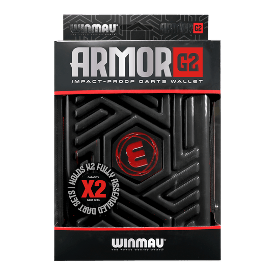 Winmau Armor G2 Dart-portemonnee Dies ist eine schwarze, stoßfeste Darttasche der Marke Winmau namens "Armor G2". Sie bietet Platz für zwei komplett montierte Dart-Sets.