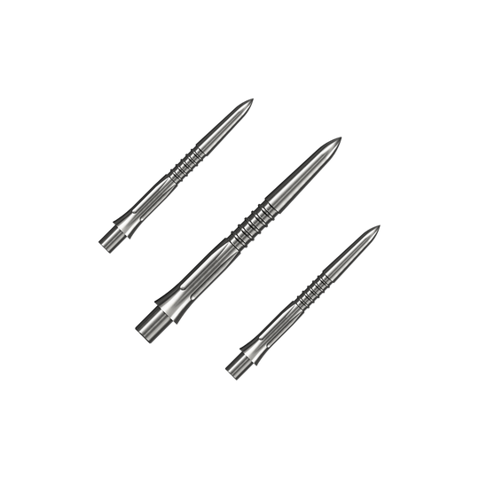 Mission Caliburn EVO dartpunten GV1 - zilver Auf dem Bild ist ein Set silberner Steeldartspitzen mit 26 mm Länge zu sehen. Mehrere Spitzen sind zusammen angeordnet.