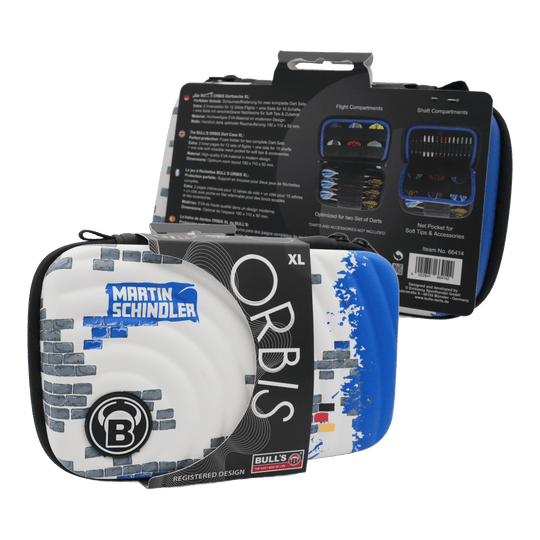 Bulls Orbis XL Martin Schindler dartkoker Das Bild zeigt das Produkt "Bulls Orbis XL Martin Schindler Dartcase". Das Dartcase ist weiß mit blauen und grauen Designelementen und bietet Platz für zwei Dart-Sets.