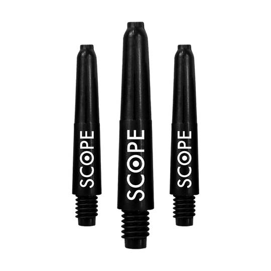 Das Bild zeigt drei schwarze McDart Scope Nylon Shafts für Darts. Auf jedem Shaft steht das Wort "SCOPE" in weißer Schrift.