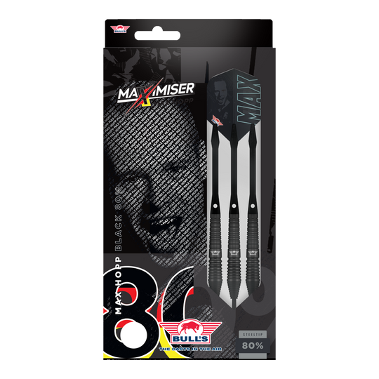 Bulls NL Max Hopp Zwarte Stalen Darts Auf dem Bild sind Bulls NL Max Hopp Black Steeldarts zu erkennen. Die Darts werden einzeln und detailliert gezeigt.