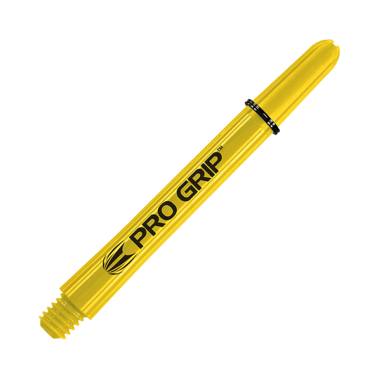 Target Pro Grip Shafts - 3 sets - Geel Das Bild zeigt einen gelben Dart-Schaft mit der Aufschrift "PRO GRIP". Der Schaft hat eine Länge von 48 mm und ist für den Einsatz bei Darts geeignet.