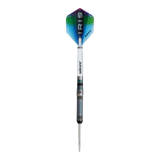 Unicorn Iris Steeldarts Das Bild zeigt einen Steeldart namens "Unicorn Iris". Der Dart hat einen bunten Flight mit dem Schriftzug "IRIS" und einen metallischen Schaft.