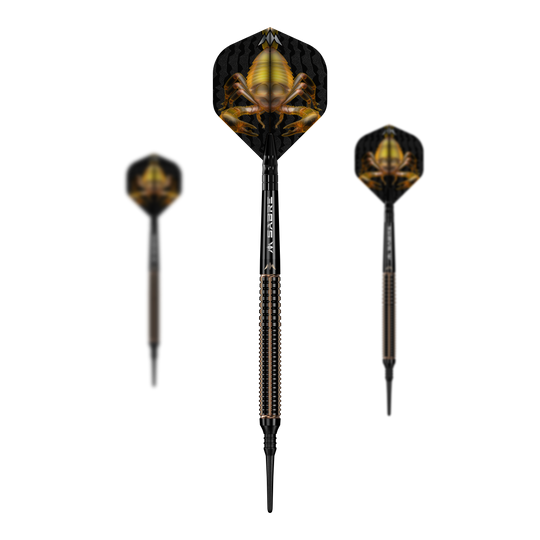 Mission Scorpion zachte dartpijlen - 19g Das Bild zeigt drei Softdarts des Produkts "Mission Scorpion Softdarts - 19g". Die Flights der Darts sind schwarz mit einem auffälligen gelben Skorpion-Motiv gestaltet.