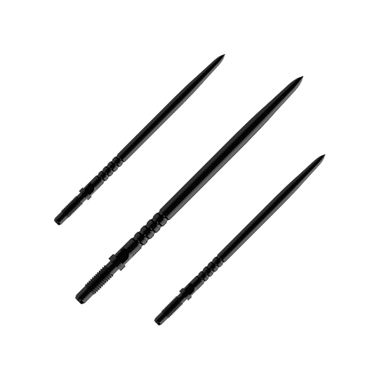 Bulls NL Convertible Point Dart Tips - Ringvormige Grip - Zwart Auf dem Bild sind mehrere Dartspitzen zu sehen. Es handelt sich um ein Set BullsNL Convertible Points mit Ringed Grip in Schwarz und 40mm Länge.