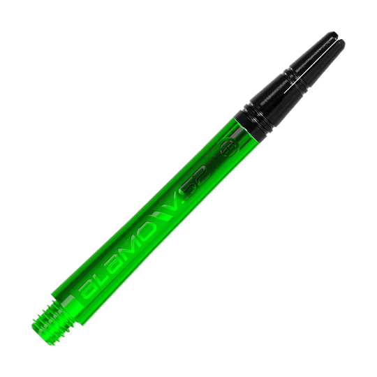 Harrows Alamo VS2 Shafts - Groen Zwei Dart-Schäfte mit identischer Ausführung sind abgebildet. Die Aufnahme fokussiert auf das Schaftprofil.