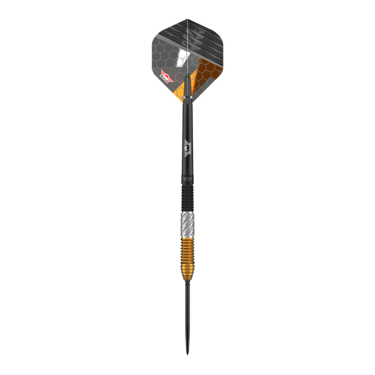Abgebildet sind Bulls NL Dirk Van Duijvenbode 95% Convertible Points Steeldarts. Die Steeldarts sind robust und für Profis konzipiert.
