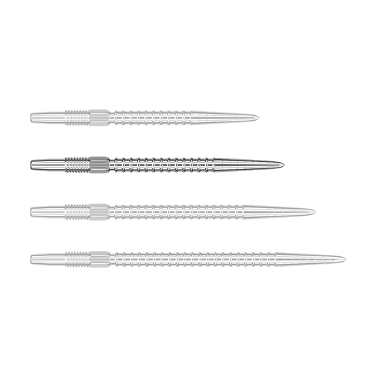 Das Bild zeigt vier silberne Dartspitzen in einer Reihe. Die Spitzen sind aus Metall und haben ein geriffeltes Muster.