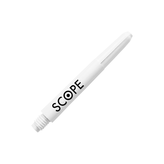 Das Bild zeigt einen weißen McDart Scope Nylon Shaft. Auf dem Shaft steht das Wort "SCOPE" mit einem Zielscheiben-Symbol im Buchstaben "O".