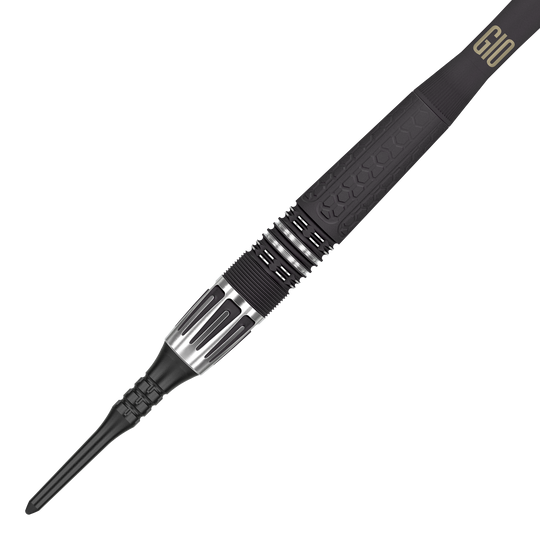 Target Phil Taylor Power 9Five GEN10 zachte darts Das Bild zeigt einen modernen Softdartpfeil mit schwarzem und silbernem Design. Auf dem Griffstück steht die Aufschrift "G10".