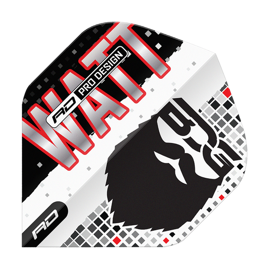 Red Dragon Hardcore Jason Watt BDG Premium No2 Standaardvluchten Das Bild zeigt das Produkt "Red Dragon Hardcore Jason Watt BDG Premium No2 Standard Flights". Auf dem Flight sind der Name "WATT", ein stilisiertes Gesicht und das Logo "RD" zu sehen.