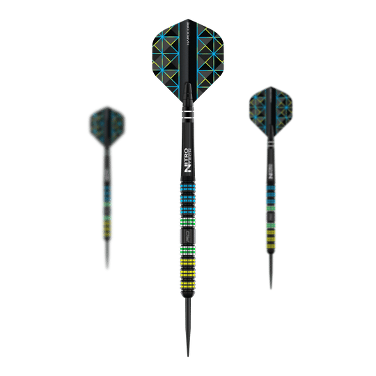 Das Bild zeigt drei Black Parallel Steeldarts des Modells "Red Dragon Dragonfly 95". Die Darts haben bunte Ringe am Griff und schwarze Flights mit einem geometrischen Muster.