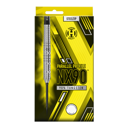 Harrows NX90 Parallel Quick Point Steel Darts Das Bild präsentiert die Harrows NX90 Parallel Quick Point Steeldarts. Das Produkt ist für den Einsatz beim Steeldart geeignet.