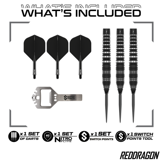 Hier sind Red Dragon Sable Torpedo Switch Point Steeldarts zu sehen. Diese Darts zeichnen sich durch ihre Torpedo-Form aus.