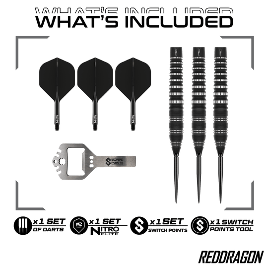 Red Dragon Sable Torpedo Switch Point Stalen Darts Hier sind Red Dragon Sable Torpedo Switch Point Steeldarts zu sehen. Diese Darts zeichnen sich durch ihre Torpedo-Form aus.