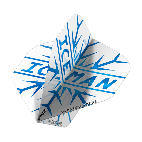 X0808_Red_Dragon_Gerwyn_Price_Hardcore_Flight_Set_2 Das Bild zeigt ein Set von Dartflights mit der Aufschrift "ICEMAN" in blau. Die Flights sind überwiegend weiß und haben ein auffälliges Eismuster-Design.