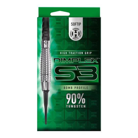 Harrows Dimplex S3 Bomb zachte darts Das Bild zeigt eine Verpackung der "Harrows Dimplex S3 Bomb Softdarts". Auf der Verpackung steht, dass die Darts eine hohe Grifftraktion haben und aus 90% Wolfram bestehen.