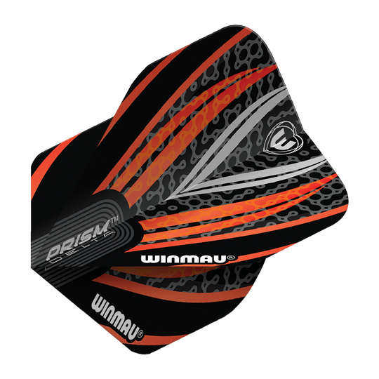 Winmau Prism Delta Zwart Wit Oranje Nr. 2 Standaardvluchten Das Bild zeigt ein Winmau Prism Delta Flight in den Farben Schwarz, Weiß und Orange. Das Flight hat ein modernes, auffälliges Muster mit dem Winmau-Logo und Schriftzug.