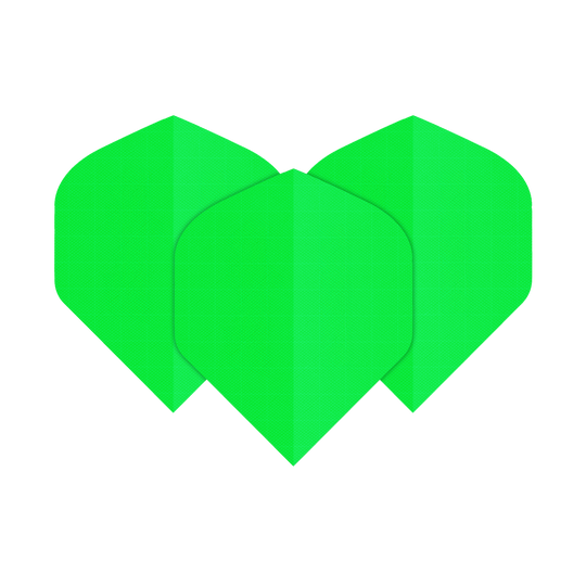 Nylon stoffen flights N5 - Standaard - Neon groen Das Bild zeigt drei neongrüne Nylon-Stoff Flights in der Form N5. Sie sind nebeneinander angeordnet und leuchten auffällig.