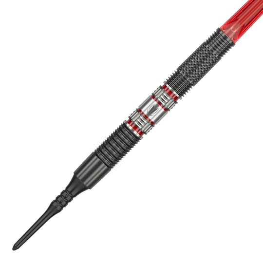 Target Gabriel Clemens 95K zachte darts - 19g Das Bild zeigt einen Target Gabriel Clemens 95K Softdart mit einem Gewicht von 19 Gramm. Der Dart hat ein auffälliges Design mit silbernen, schwarzen und roten Elementen.
