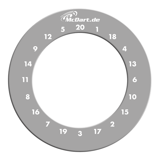 McDart HD Zahlen Surround Das Bild zeigt einen grauen Dartboard-Surround-Ring mit weißen Zahlen von 1 bis 20. Oben steht die Aufschrift "McDart.de".