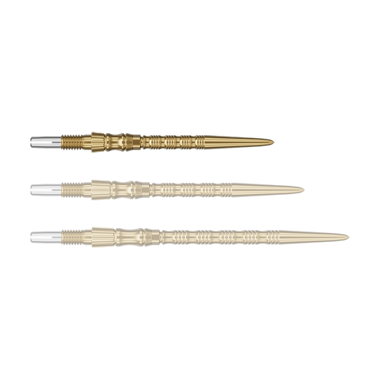 Target Signature Swiss Point TRB stalen dartpunten - goud Ein einzelner Target SwissPoint Signature TRB Dartspitze in Gold mit 30mm Länge wird gezeigt. Die Spitze ist detailliert abgebildet.