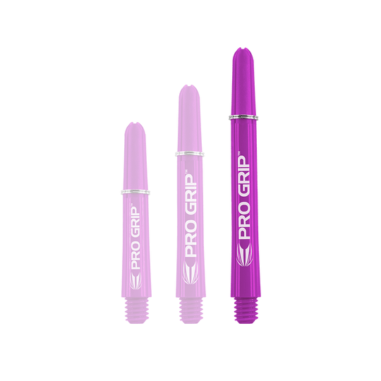 Target Pro Grip Shafts - 3 sets - Paars Das Bild zeigt drei lilafarbene PRO GRIP Dartschäfte in unterschiedlichen Längen. Sie sind nebeneinander angeordnet und haben jeweils weiße Schrift und Markierungen.