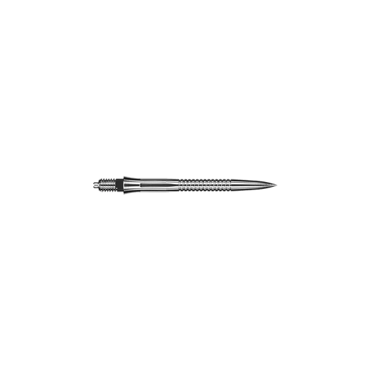 Caliburn EZ-EVO dartpunten - Gegroefd - Zilver Zu sehen sind Dartspitzen mit Rillen im silbernen Design und einer Länge von 28 mm. Diese Dartspitzen sind für präzises Dartspiel gedacht.