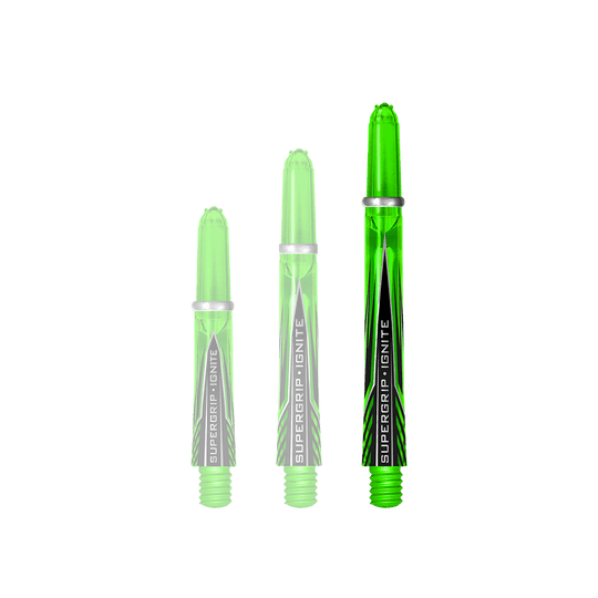 HR391_Harrows_Supergrip_Ignite_Shafts_Gr-n_47mm_1 Das Bild zeigt drei grüne Harrows Supergrip Ignite Shafts in verschiedenen Längen. Die Shafts haben ein modernes Design mit schwarzen und silbernen Akzenten.
