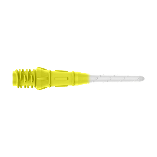 L-Style Premium Two Tone Lippoints (verpakking van 30) Das Bild zeigt eine zweifarbige Dartspitze mit gelbem und weißem Bereich. Der hintere Teil ist gelb, während die Spitze weiß ist.