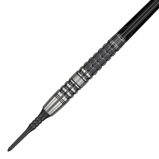 Target Japan Black Marque Lumiere GEN3 Soft Darts - 18,5 g Das Bild zeigt einen Target Japan Black Marque Lumiere GEN3 Softdart mit einem Gewicht von 18,5g. Der Dart ist aus Metall gefertigt und besitzt ein detailliertes, strukturiertes Griffdesign.