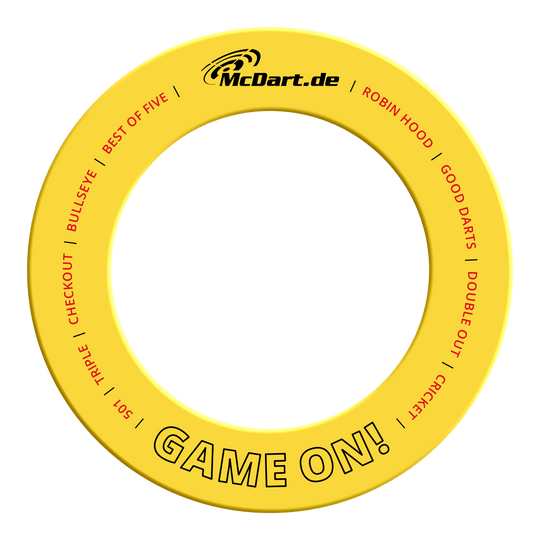 Abgebildet ist das Produkt MSF-B4_McDart_Game_On_Dartboard_Surround_Gelb_2. Es sieht aus wie ein gelber Dartboard Surround mit der Aufschrift 'Game On'.