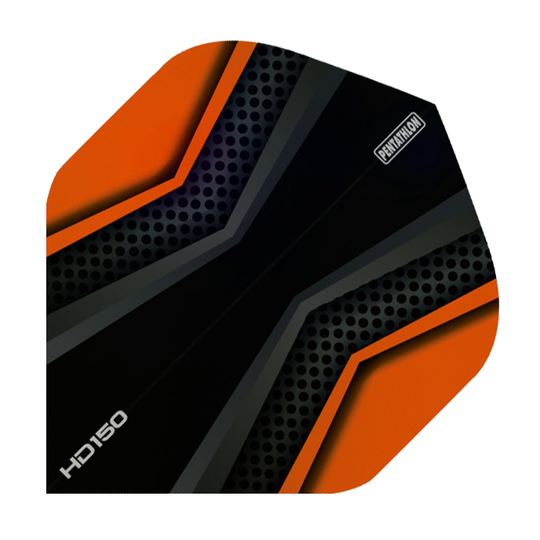 HD2028-Pentathlon-HD150-Black-Orange Das Bild zeigt ein Dart-Flight mit dem Namen "HD 150 Pentathlon Flights Black/Orange". Es ist überwiegend schwarz mit orangefarbenen Akzenten und einem modernen, sportlichen Design.