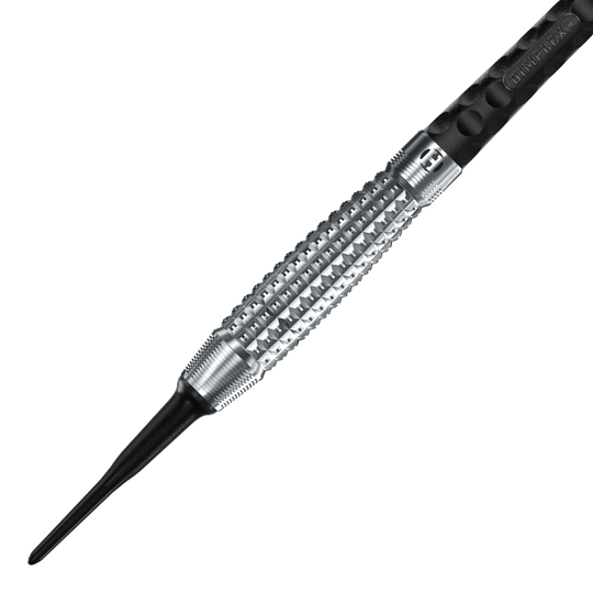 Harrows Dimplex S3 Bomb zachte darts Das Bild zeigt einen Harrows Dimplex S3 Bomb Softdart. Der Dartpfeil hat eine silberne, strukturierte Griffzone und eine schwarze Kunststoffspitze.