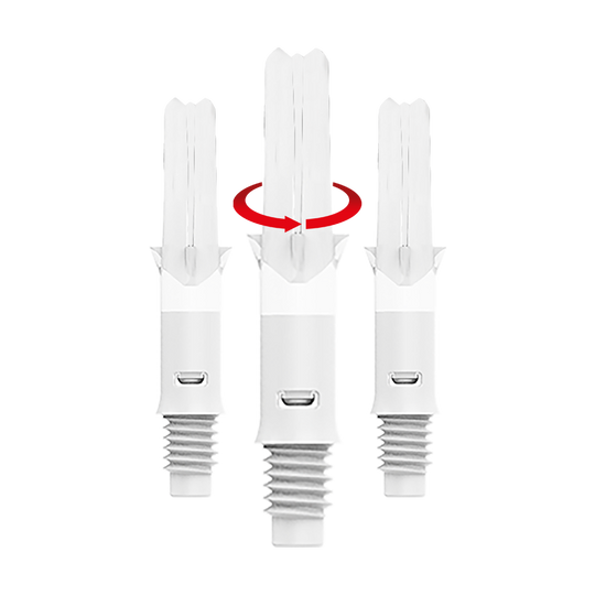 L-L-Style-Shafts Silent Straight - Wit Das Bild zeigt drei weiße Dartschäfte, die senkrecht nebeneinander stehen. Über dem mittleren Schaft ist ein roter Pfeil, der eine Drehbewegung anzeigt.