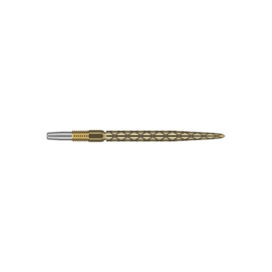 Target Swiss Diamond Pro Gold dartpunten Das Bild zeigt eine goldene Dartspitze mit einem filigranen, rautenförmigen Muster. Die Spitze hat einen silbernen Ansatz und ist insgesamt schlank und länglich geformt.
