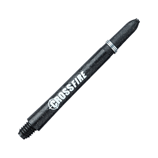 C177_Red_Dragon_Crossfire_Carbon_Fibre_Shafts_48mm_2 Das Bild zeigt einen schwarzen Dart-Schaft mit der Aufschrift "Crossfire". Es handelt sich um das Produkt "RedDragon Crossfire Carbon Fibre Shafts".